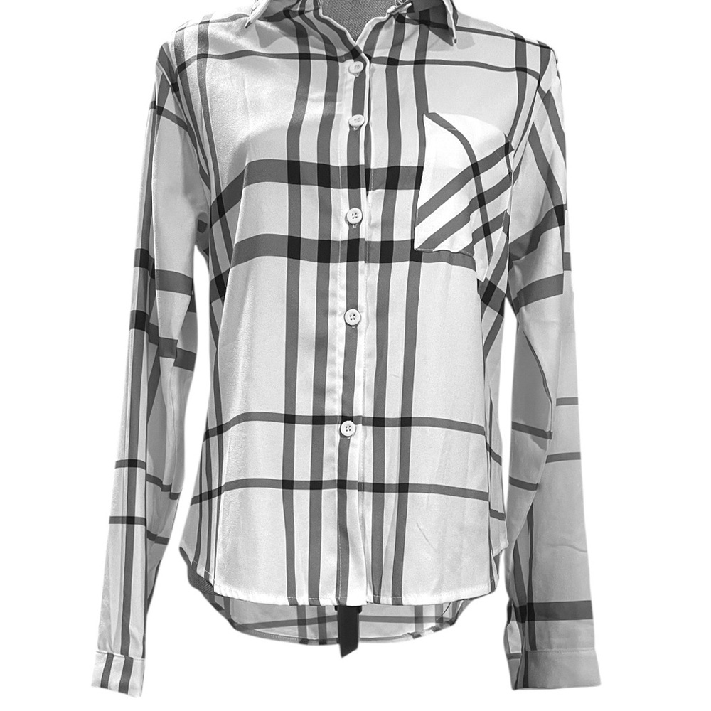 Women’s Black/White Buffalo Plaid Button Down Blouse - Picture 2 of 4